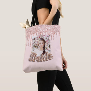 Bride rose gold drips photo wedding tote bag