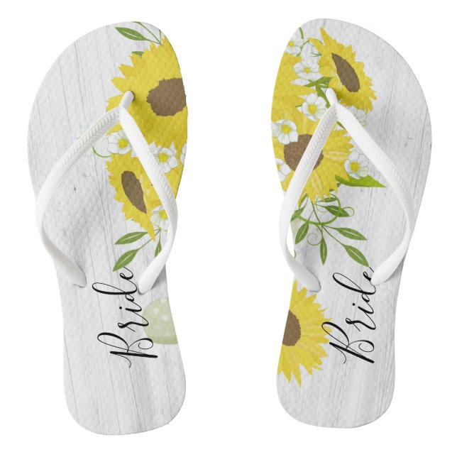 Bride Rustic Wood Sunflower Flowers Flip Flops (Footbed)