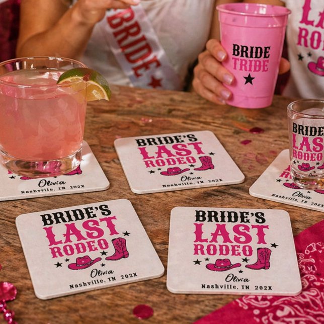 Bride’s Last Rodeo Western Bachelorette Party Square Paper Coaster (Creator Uploaded)