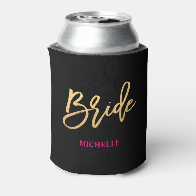 Bride Script Black/Gold/Hot Pink Personalized Can Cooler (Can Back)