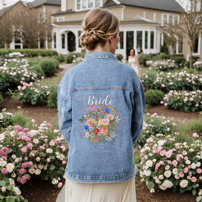 Bride Script Country Chic Watercolor Wild Flowers Denim Jacket (Wedding Back)