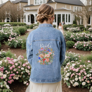 Bride Script Country Chic Watercolor Wild Flowers Denim Jacket