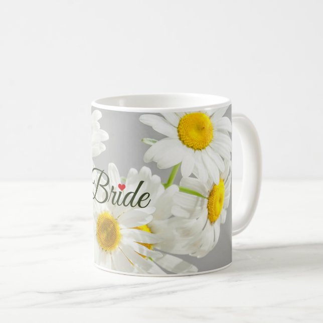 "Bride" Script on White and Yellow Daisies Coffee Mug (Front Right)