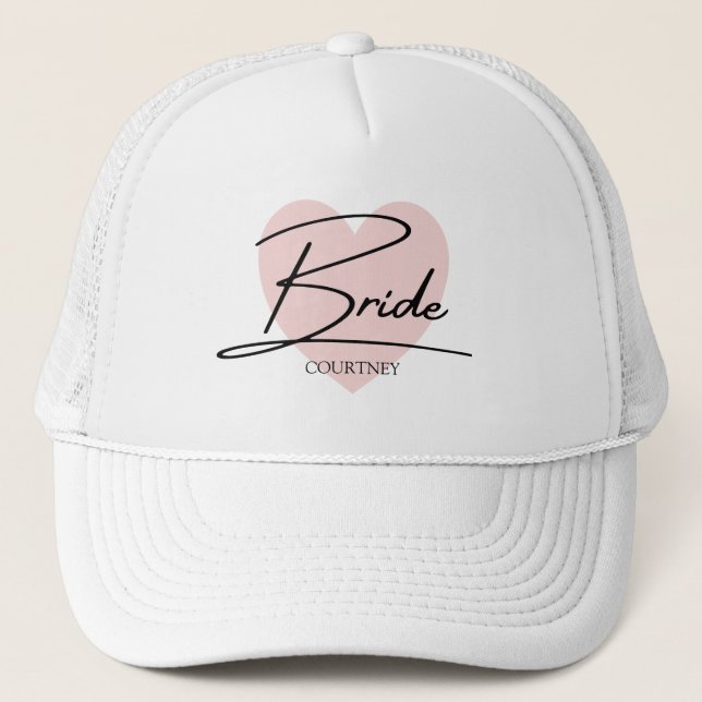 Bride Script Pink Heart Custom Name  Trucker Hat (Front)