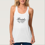 Bride Script White Black Established Date Name Tank Top<br><div class="desc">Show your style in this Bride Script White Black Established Date Name tank top. The text is black script "Bride" centred on front side. Personalized with bride's name and established year of wedding. Great gift idea for bridal shower, bachelorette party and honeymoon. CLICK PERSONALIZE TEMPLATE OPTION AND FOLLOW THE PROMPTS...</div>