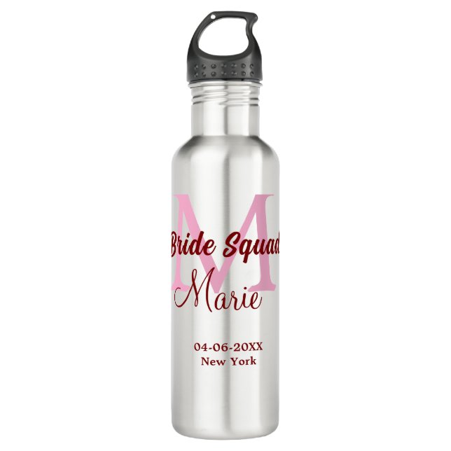 Bride squad add name monogram bridesmaid pink date 710 ml water bottle (Front)