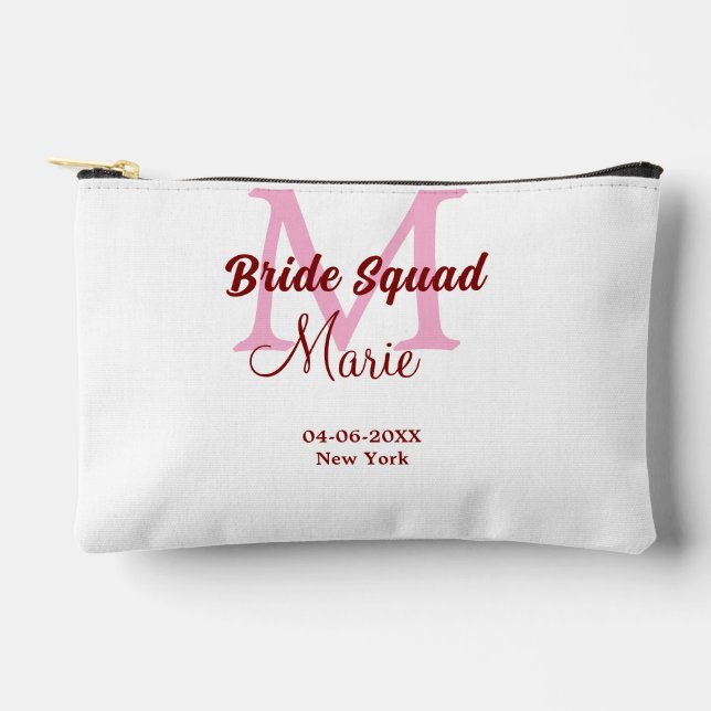 Bride squad add name monogram bridesmaid pink date accessory pouch (Front)