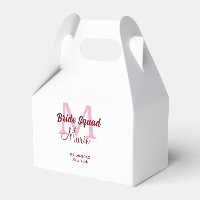 Bride squad add name monogram bridesmaid pink date favor box (Front Side)