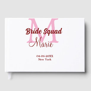 Bride squad add name monogram bridesmaid pink date guest book