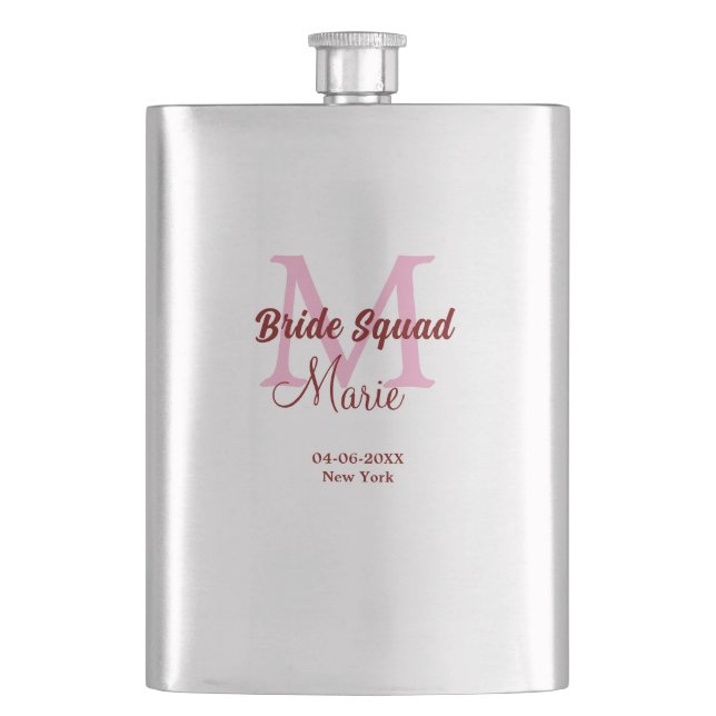 Bride squad add name monogram bridesmaid pink date hip flask (Front)