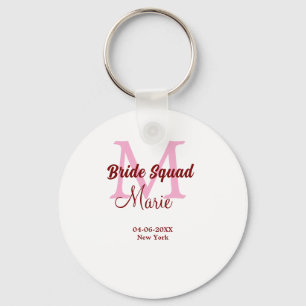 Bride squad add name monogram bridesmaid pink date keychain