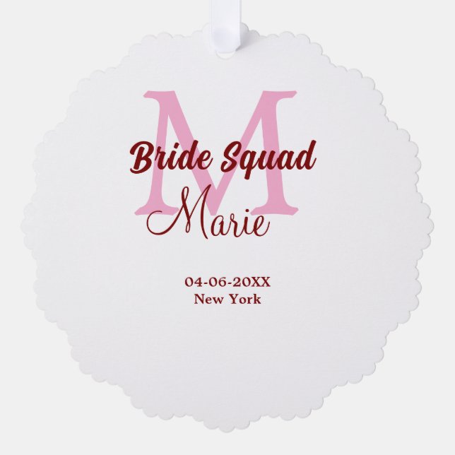 Bride squad add name monogram bridesmaid pink date ornament card (Front)