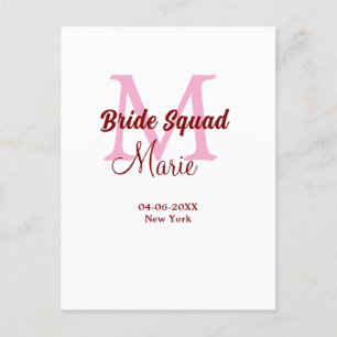 Bride squad add name monogram bridesmaid pink date postcard