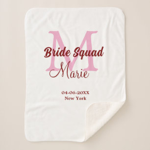 Bride squad add name monogram bridesmaid pink date sherpa blanket