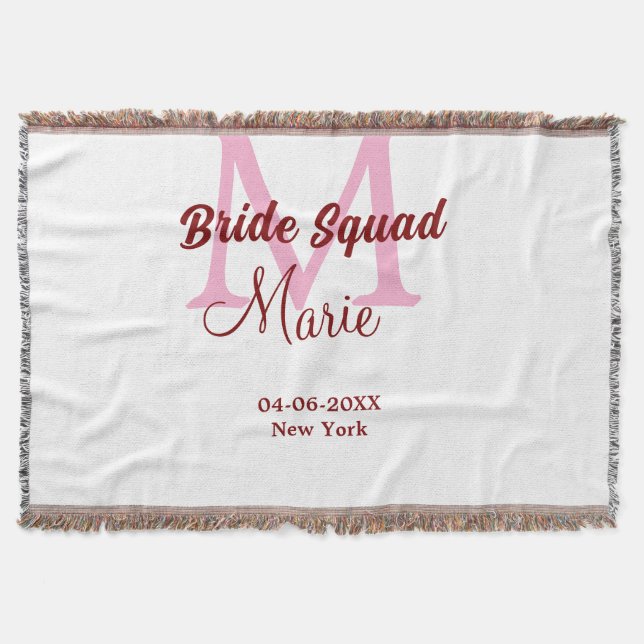 Bride squad add name monogram bridesmaid pink date throw blanket (Front)