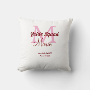 Bride squad add name monogram bridesmaid pink date throw pillow