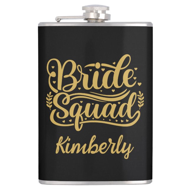 Bride Squad Black and Gold Word Art Personalized  Hip Flask (Front)