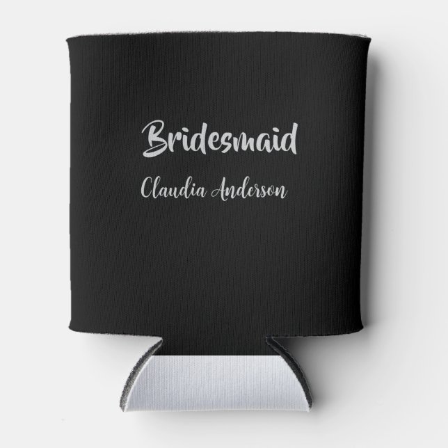 Bride squad bridesmaid name silver black wedding  can cooler (Front)