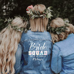 Bride Squad Fun Varsity Wedding Party Custom Name Denim Jacket<br><div class="desc">Our Bride script bride squad varsity style denim jacket features stylish typographic design "Bride" script and varsity "Squad style lettering. Designed to make heads turn on your special day. Whether you're a trendsetter bride or looking for the perfect gift for a trendy enthusiast bride-to-be, this jacket is a must-have addition...</div>