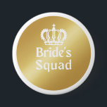 Bride Squad | Gold Bachelorette Bridesmaid Button<br><div class="desc">Gold Bridesmaids pin for the perfect Bride's shower!

Available in 5 sizes from 1.25" to 6" diameter
Covered with scratch and UV-resistant Mylar
Square buttons available too
Made in U.S.A.</div>