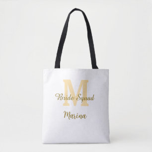 Bride squad monogram golden bridal shower simple tote bag