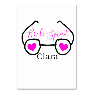 Bride squad pink black googles heart bridesmaid table number