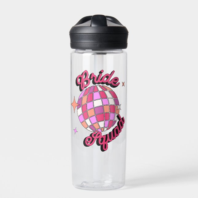 bride squad pink disco bachelorette party water bottle (Front)