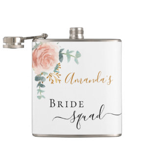 Bride squad pink floral eucalyptus bachelorette hip flask