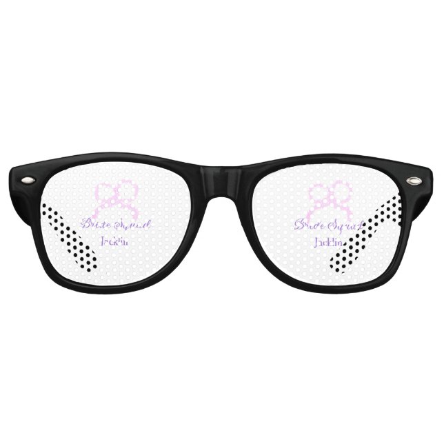 Bride squad pink glitter bow star bridesmaid name  retro sunglasses (Front)