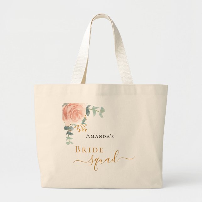 Bride squad rose gold floral eucalyptus greenery large tote bag (Front)