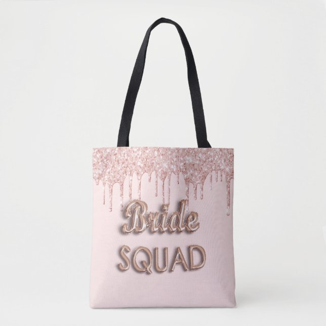 Bride squad rose gold pink glitter bachelotette tote bag (Front)