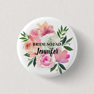 Bride Squad, Tribe, Team Pink Blush & Grey Floral 1 Inch Round Button