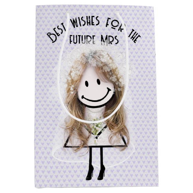 Bride Stick Figure On Lavender Hearts  Medium Gift Bag (Front)