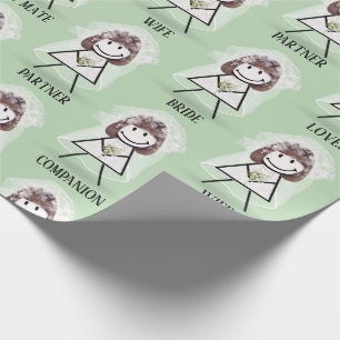 Bride Stick Girl with Bridal Text on Green Wrapping Paper