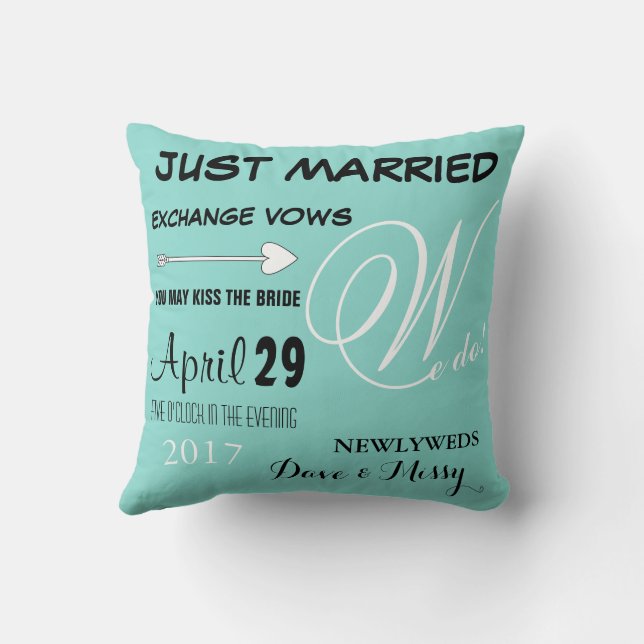 BRIDE Teal Blue Just Married We Do Throw Pillow (Back)