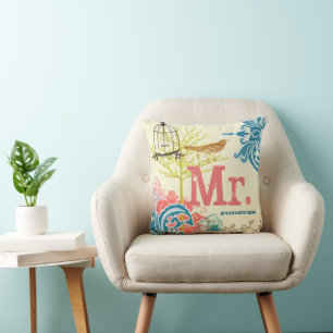 Bride Teal Damask Love Bird  Birdcage Mr. Forever Throw Pillow