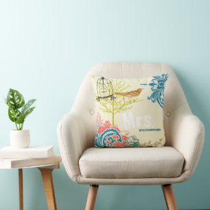 Bride Teal Damask Love Bird  Birdcage Throw Pillow
