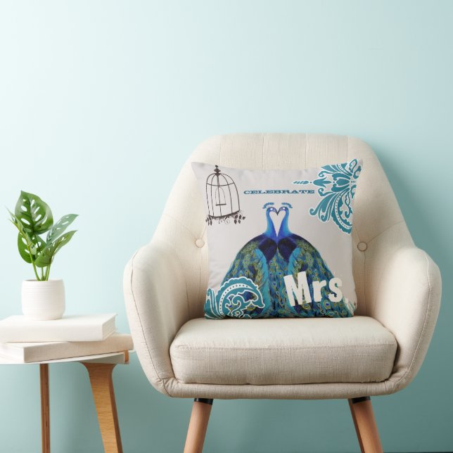 Bride Teal Kissing Love Birds Peacock Birdcage Throw Pillow (Chair)
