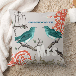 Bride Teal & Tangerine Damask Love Bird Birdcage Throw Pillow