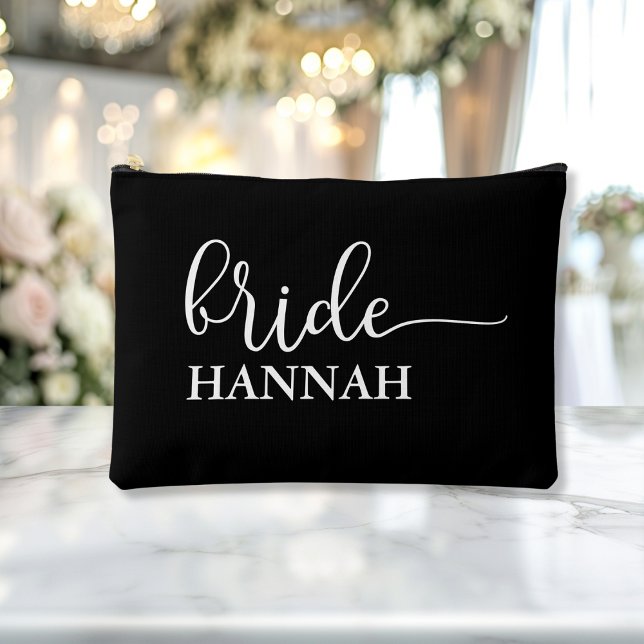 Bride - Team Bride! Gift Name  Accessory Pouch ("This Bride / Team Bride accessory and makeup bag showcases a sleek white script font with elegant s)