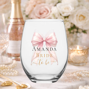 Bride to be blush pink bow pearls Bachelorette Stemless Wine Glass