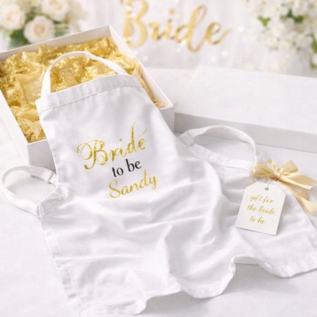 Bride to be Bridal Shower Gift Idea  Standard Apron (Elegant bridal shower gift  featuring “Bride to be personalized” apron with gold ribbon and tag)
