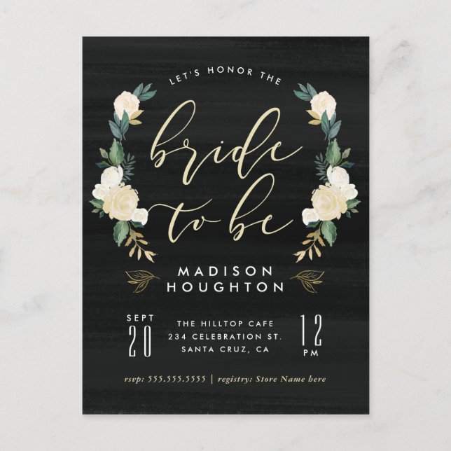 Bride To Be Calligraphy Floral Bridal Shower Invitation Postcard (Front)