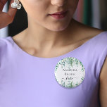 Bride to be eucalyptus greenery ferns woodland  1 inch round button<br><div class="desc">For a bridal shower or a bachelorette party. Decorated with watercolored eucalyptus leaves,  greenery woodland fern. Personalize and add the name of the bride.  With the text: Bride to be.  The word to be is written with a modern hand lettered style script with swashes.</div>