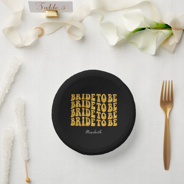 Bride to Be Gold Glitter Text with Name, Black Paper Plate (Wedding)