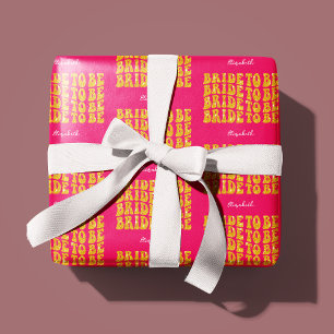 Bride to Be Gold Glitter Text with Name, Pink Wrapping Paper