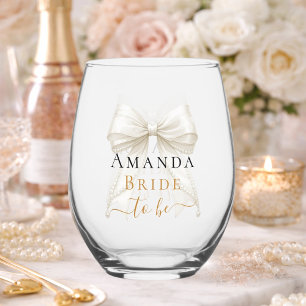 Bride to be ivory bow pearls elegant Bachelorette Stemless Wine Glass
