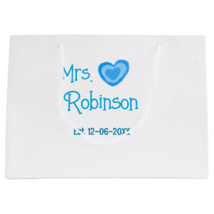 Bride to be Mrs add name date blue heart watercolo Large Gift Bag