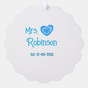 Bride to be Mrs add name date blue heart watercolo Ornament Card