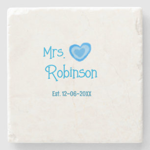 Bride to be Mrs add name date blue heart watercolo Stone Coaster